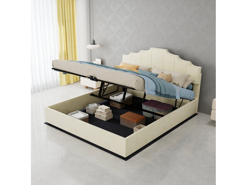  Lit 160 x 200 cm beige en bois et tissu avec matelas inclus  - Conforama B