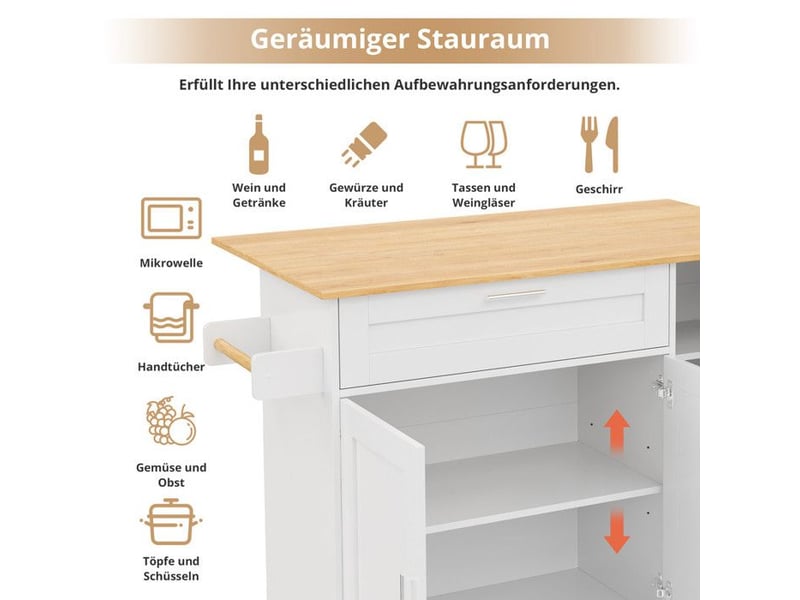 Chariot de cuisine mobile - 132.5x44(70)x90 cm - plan de travail pliable - grain de chêne - 5 roulettes avec freins - Conforama D
