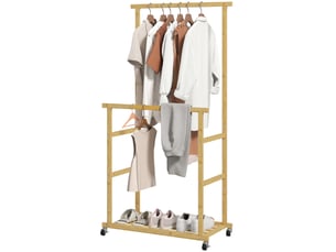Portant à vêtements à roulettes, porte-manteau double barre en bambou avec étagère inférieure, bois naturel, 80x40x160cm