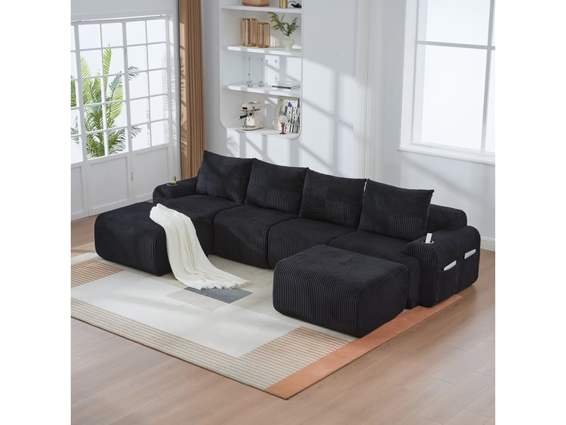  Canapé modulable 4 places avec 2 poufs, porte-gobelet et poche latérale, configurable en u, en l ou en assises séparées, velours côtelé, noir  - Conforama C