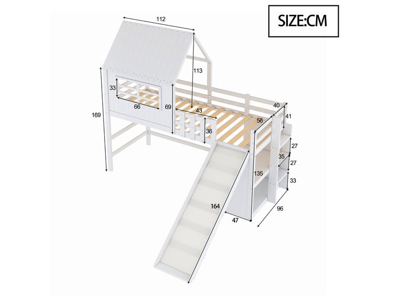 Lit enfant mezzanine, 90x200 cm, toboggan prolongé, échelle, espace rangement, matelas non inclus, bois, coloris blanc - Conforama C