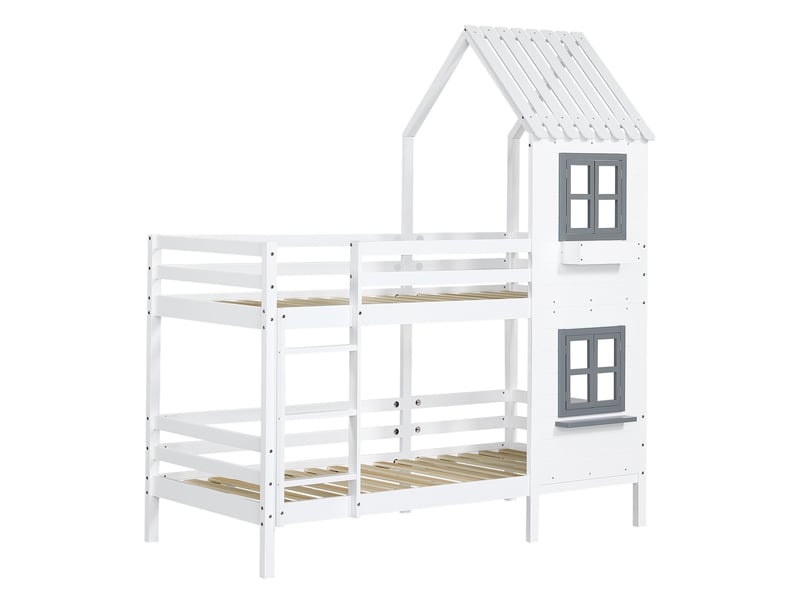 Lit superposé 90x200 cm, lit enfant avec barrière de sécurité et fenêtre en forme de maison, bois de pin massif avec escalier et rangements, blanc - Conforama D