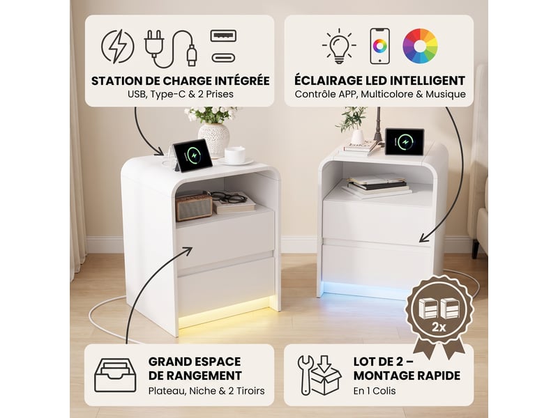  Lot de 2 tables de chevet avec 2 tiroirs, station de charge et led, table de nuit, style moderne, blanc  - Conforama C
