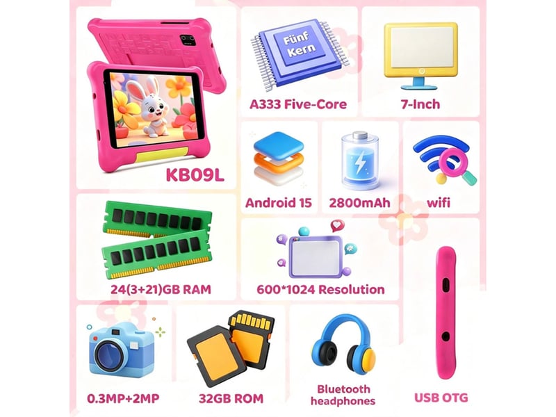  Tablette tactile enfants 7 pouces android 15 wifi 6 bluetooth 5.4 avec controle parental  - Conforama B