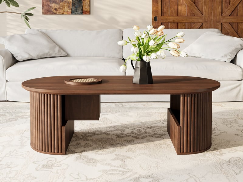  Table basse ovale noyer mdf 105 cm avec rangement intégré et bords arrondis  - Conforama C