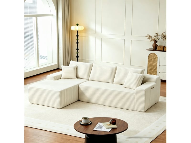  Canapé d'angle modulable gauche compressé 4 places, pour salon, meuble de salon, en mousse et velours côtelé, beige  - Conforama B