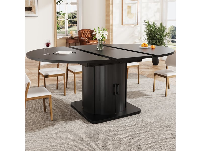  Table extensible 118-158 cm table de salle à manger jusqu'à 6 places ronde extensible en ovale à tiroirs intégrés finition noire  - Conforama B