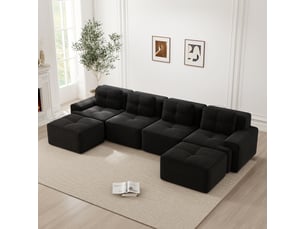 Canapé d'angle, canapé modulable, sans montage, avec méridienne, en velours, forme u, 4 places, noir, style cloud, sans cadre, base antidérapante
