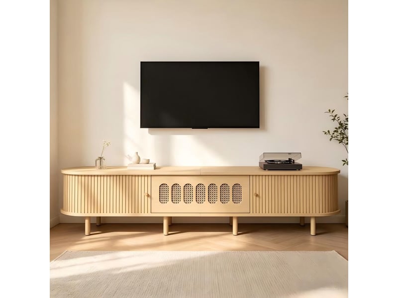 Meuble tv 180 cm pour écran jusqu’à 75 pouces, 2 portes à rideau, 1 porte abattante effet rotin, 5 rangements fermés, mdf effet bois naturel - Conforama B