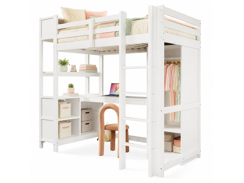 Lit combiné enfant surélevé 90x200 cm avec bureau, rangements et armoire blanc - Conforama A