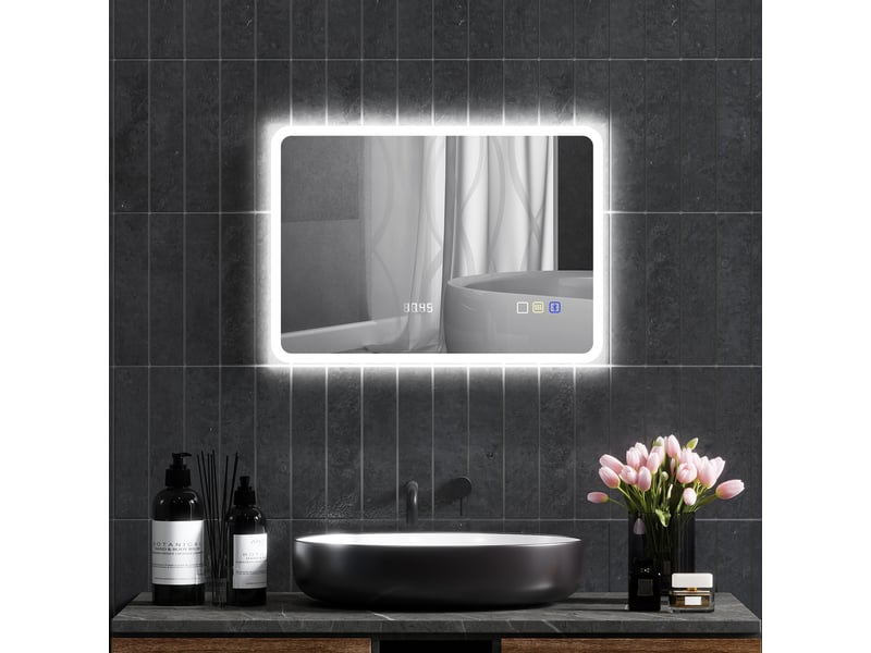 Miroir de salle de bain avec éclairage led 70 x 50 cm, bluetooth, 3 couleurs d'éclairage, horloge numérique, fonction antibuée et fonction mémoire. - Conforama D