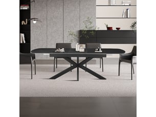 Hestia - table extensible rectangulaire en pierre frittée noir pieds en métal noir 180-220 cm