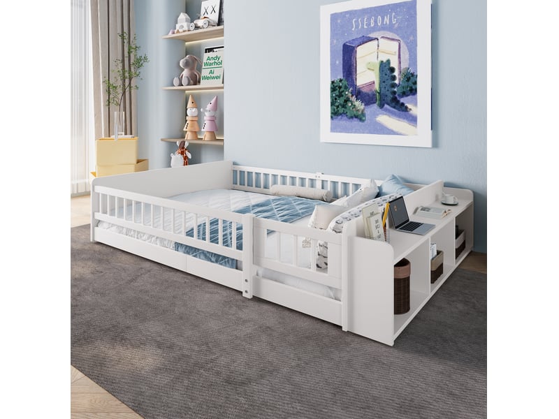  Lit enfant 140x190 cm avec rangement ouvert en bois et mdf blanc sans matelas  - Conforama D
