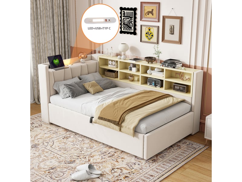 Canapé-lit avec rangement 90 x 200 cm – avec éclairage – avec ports de charge usb et type-c – avec compartiments de rangement – beige (matelas non inclus) - Conforama E