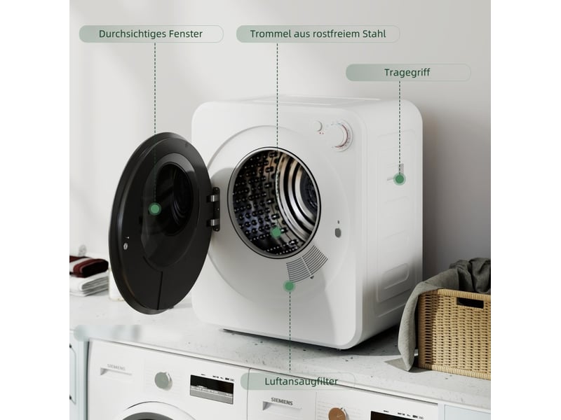 Sèche-linge 48x44x57 cm, 4 kg blanc, tambour en acier inoxydable réversible, 5 programmes, évacuation - Conforama D