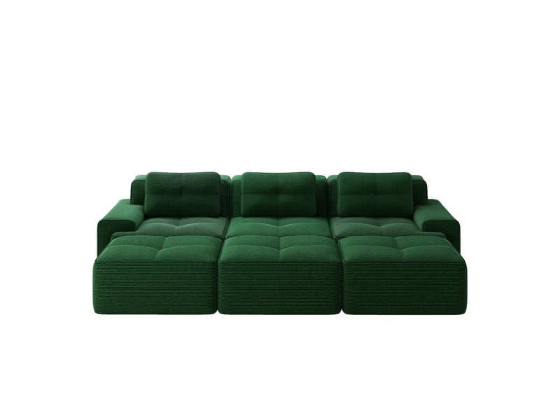  Canapé d'angle convertible 3 places avec 3 hockers, tissu velours côtelé vert, design moderne sans pieds pour salon  - Conforama A