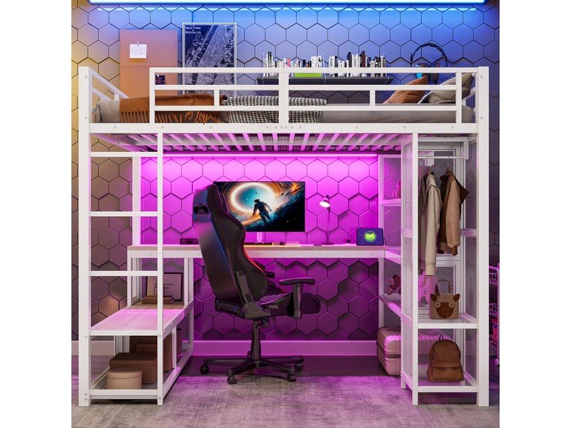  Lit mezzanine 140x200 cm avec bureau intégré, étagères et penderie ouverte, led 16 couleurs, usb, garde-corps hauts, métal blanc Radiant Stride - Conforama D