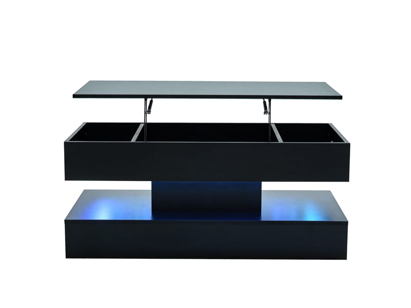 Table basse relevable avec plateau réglable, led, rangement caché et prises intégrées, en panneaux de particules, noir - uvrion - Conforama A