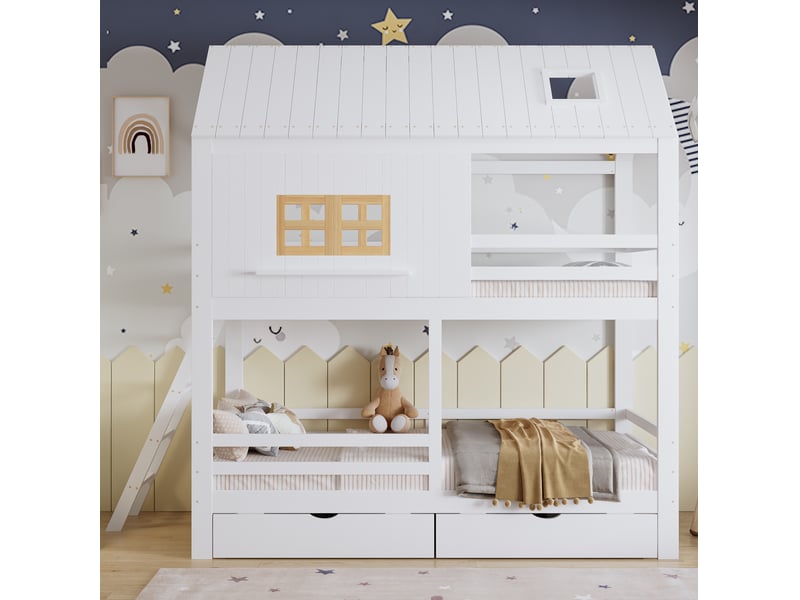  Modenvie lit superposé enfant 90x200 cm - avec toit, fenêtres et 2 tiroirs, sans matelas - blanc  - Conforama E