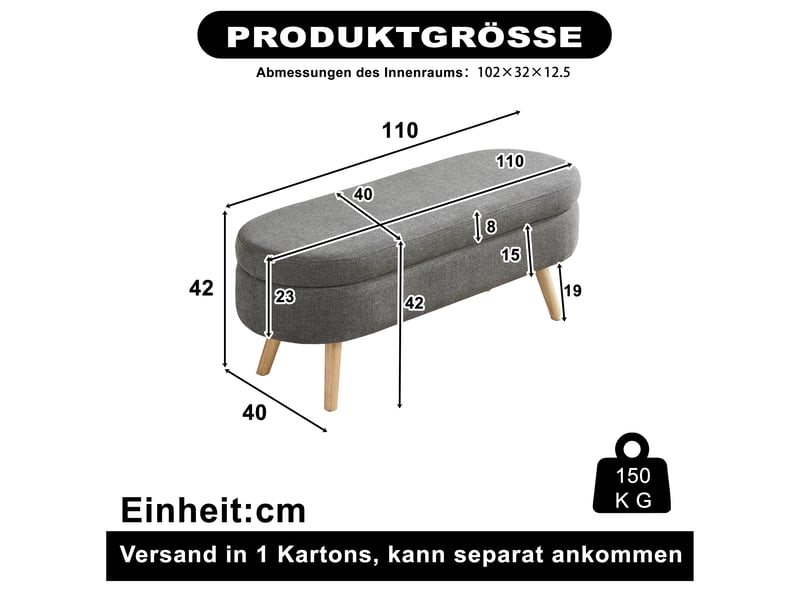  Banc coffre de rangement en chenille gris 110 x 40 x 42 cm W3349P455065 - Conforama C