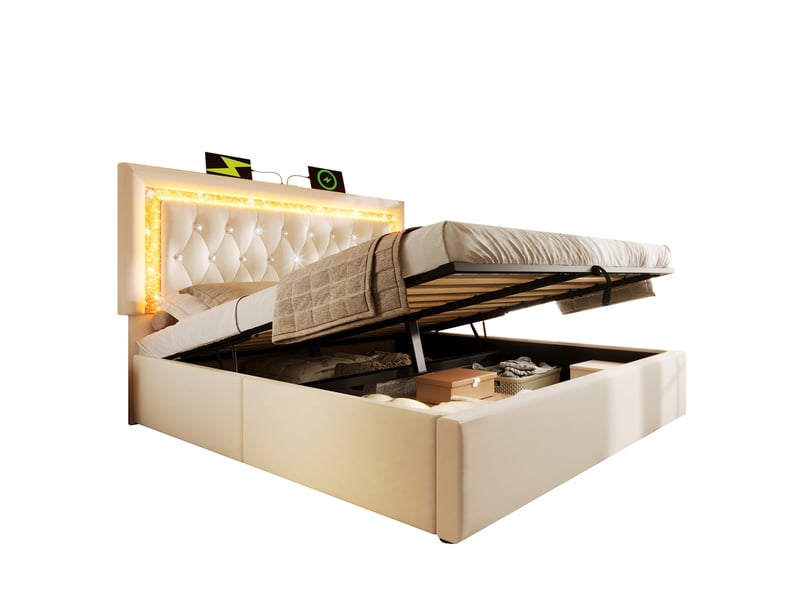 Lit double, 140x200 cm, led, usb et type c, solution de rangement hydraulique, matelas inclus, velours, coloris beige  - Conforama A