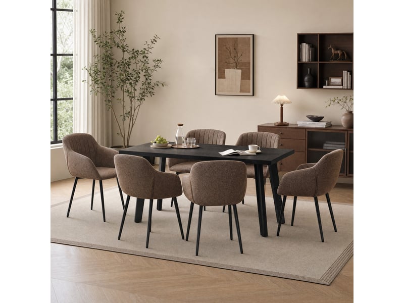 Ensemble table et 6 chaises - table rectangulaire 160x80 cm monobloc en chêne noir et pieds métal, 6 chaises en tissu marron moka et pieds métal - Conforama B