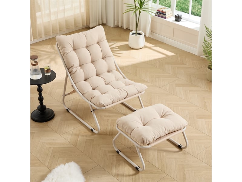  Fauteuil de jardin avec repose-pied - 65x78x86cm - chaise lounge inclinable avec coussin moelleux - acier &amp; coton - beige  - Conforama D