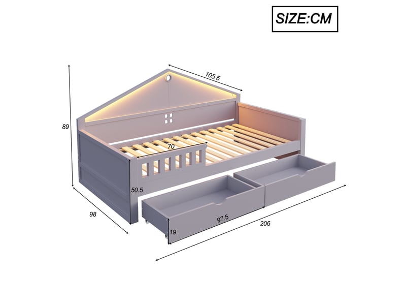 Lit enfant simple 90 x 200 cm, gain de place 2 tiroirs led robuste 150 kg, bois et mdf, gris sans matelas - Conforama C