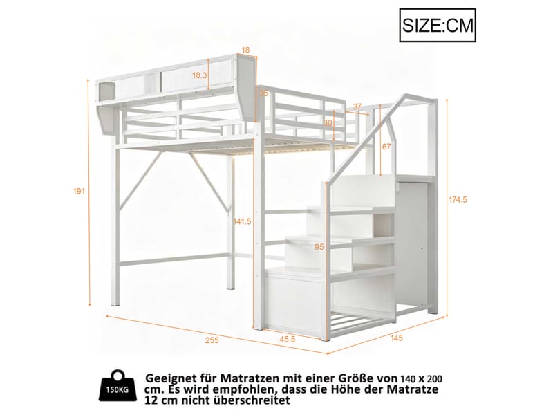  Lit mezzanine 140x200 cm avec bande led, lit surélevé en métal avec échelle sécurisée et rangements modulables, gain de place, blanc OPULERANE TRADING LTD - Conforama C