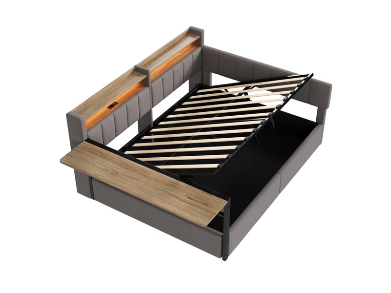  Lit de repos capitonné 140x200cm avec led,usb,rangement hydraulique,tablette rabattable,tables de chevet,velours,sans matelas,gris  - Conforama A