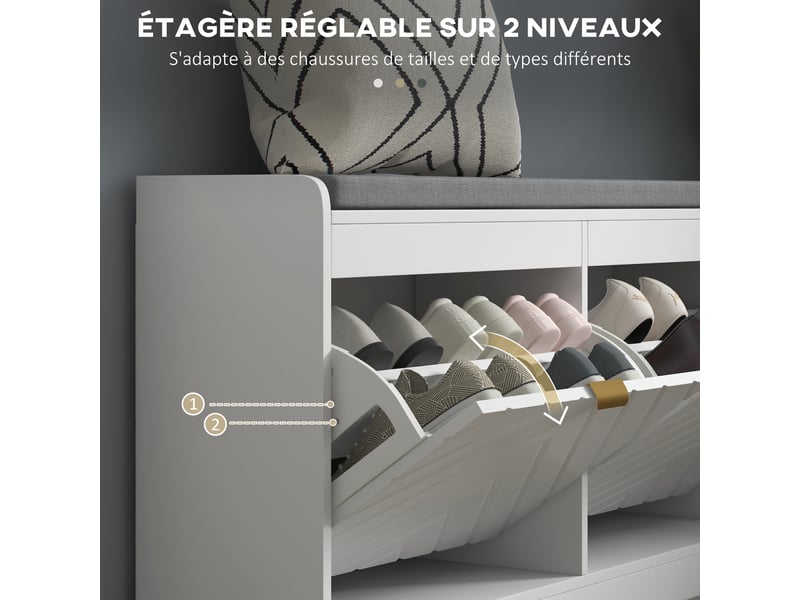  Banc à chaussures, banc de rangement, assise rembourrée, tiroir rabattable, blanc, porte avec motif 106 x 24 x 52,5 cm  - Conforama E