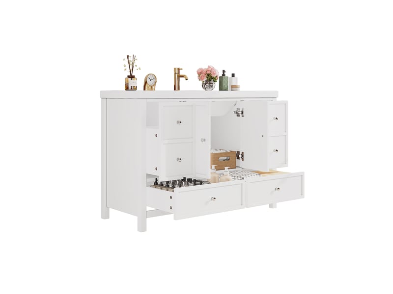  Vasque de salle de bain blanche 120x50x86.5 cm avec quatre tiroirs silencieux portes doubles soft-close et lavabo en résine intégré  - Conforama A