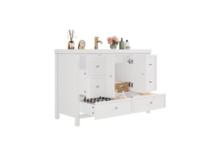 Vasque de salle de bain blanche 120x50x86.5 cm avec quatre tiroirs silencieux portes doubles soft-close et lavabo en résine intégré
