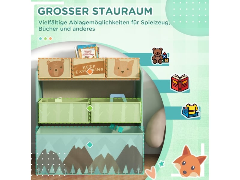 Meuble de rangement enfant 63x30x66 cm vert en bois, 6 boîtes en tissu à motifs pour jouets et livres - Conforama E