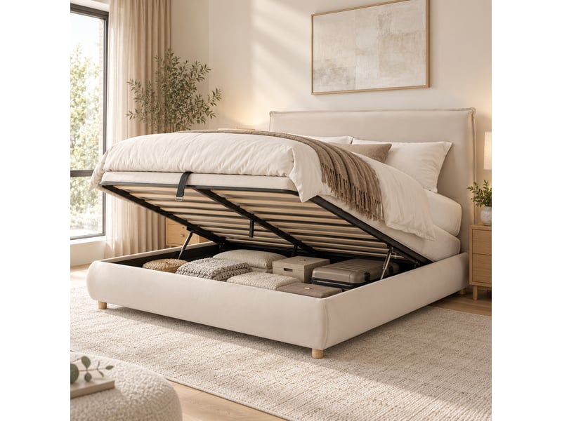 Lit double rembourré 180x200 cm avec rangement hydraulique, sommier à lattes, tête de lit capitonnée, pieds en bois massif, velours crème IKSETERA TRADING LTD - Conforama B