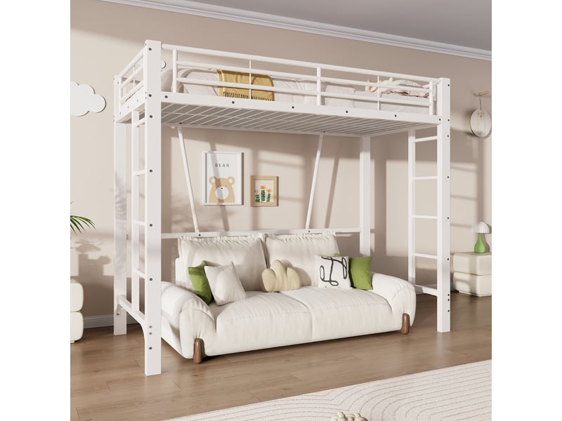 Lit mezzanine 90x200 cm coloris blanc, lit superposé enfant avec double échelle, lit en hauteur métal, sans matelas  - Conforama E