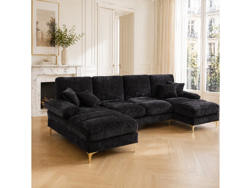  Canapé panoramique u 4 places en chenille noire avec double méridienne  - Conforama B