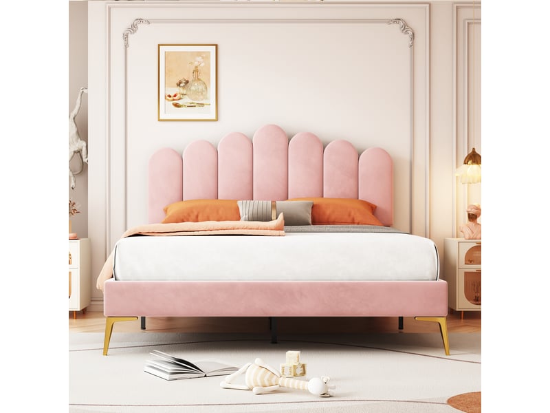  Lit double 140x200 cm en velours rose, tête de lit réglable et sommier à lattes  - Conforama B