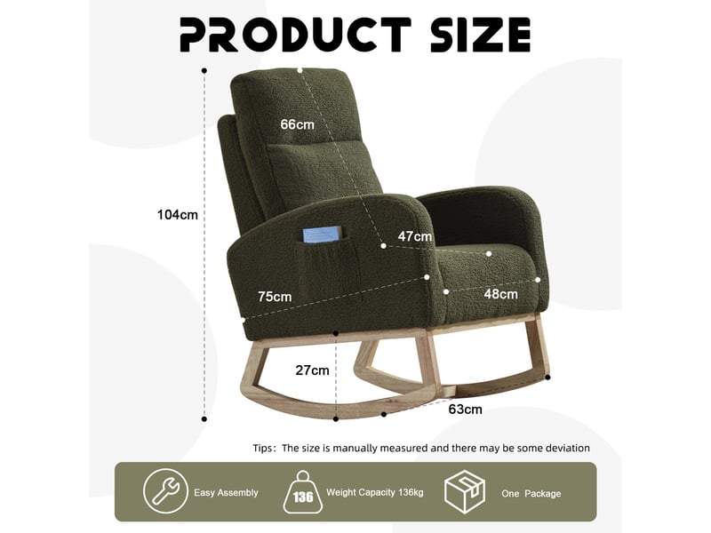  Fauteuil à bascule - 75x63x104 cm - chaise à bascule ergonomique en tissu teddy avec pochette - vert  - Conforama E