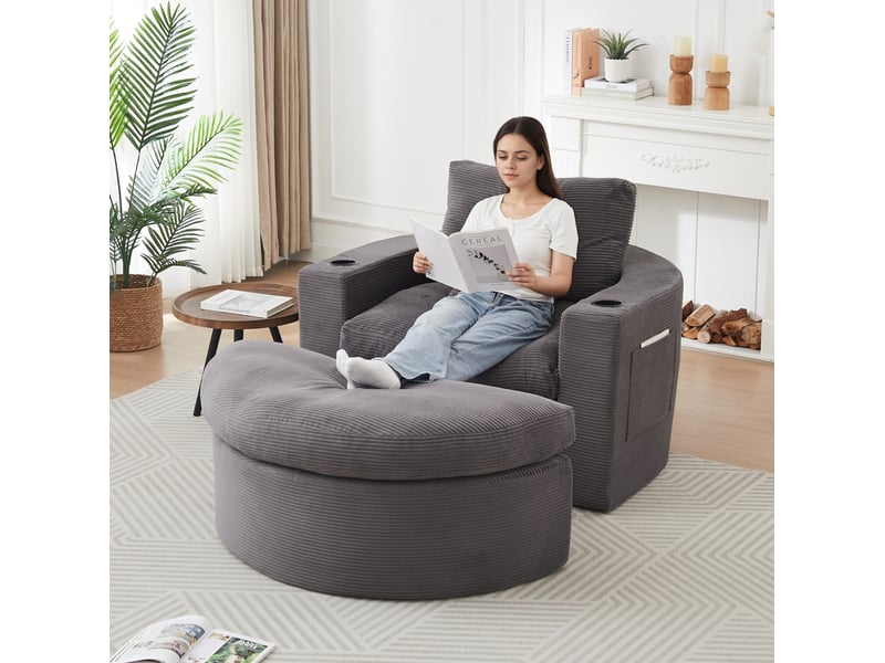  Fauteuil lounge 1 place avec repose-pieds – gris – velours côtelé, rangement latéral et porte-gobelets  - Conforama E
