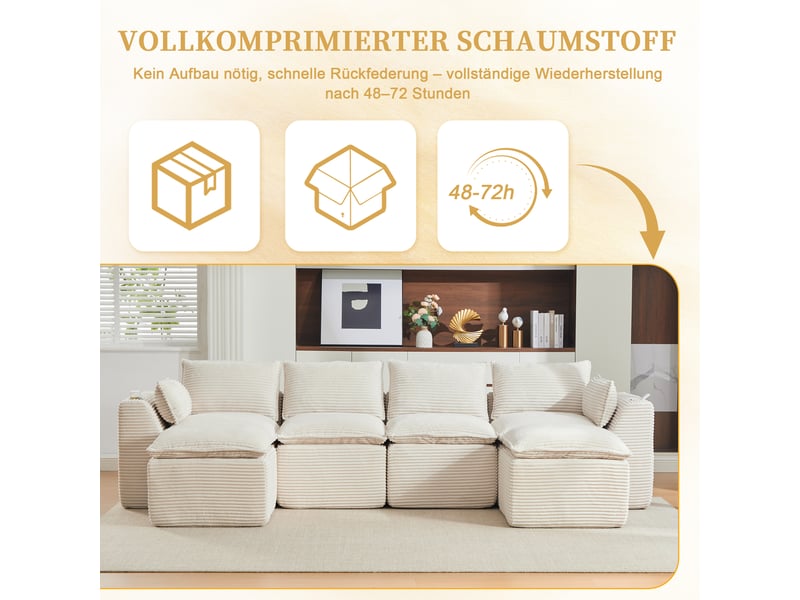 Canapé modulable compression d'angle en u,322x161x75cm,velours côtelé,canapé 4 places avec 2 poufs,porte-gobelets,poches latérales,sans montage,beige - Conforama E