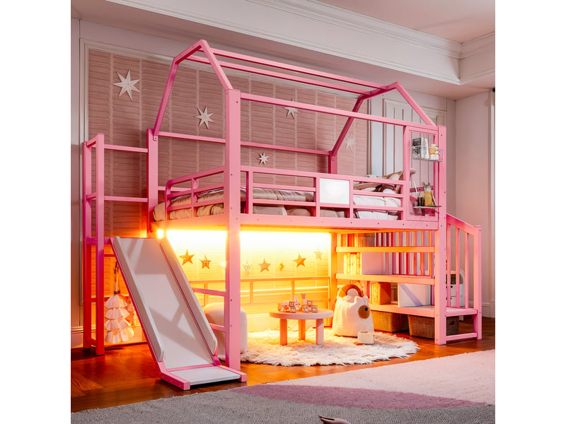  Lit mezzanine 140x200 cm, structure en métal et bois, coloris rose, rangements intégrés, led via bluetooth, escalier sécurisé, garde-corps, toboggan  - Conforama D