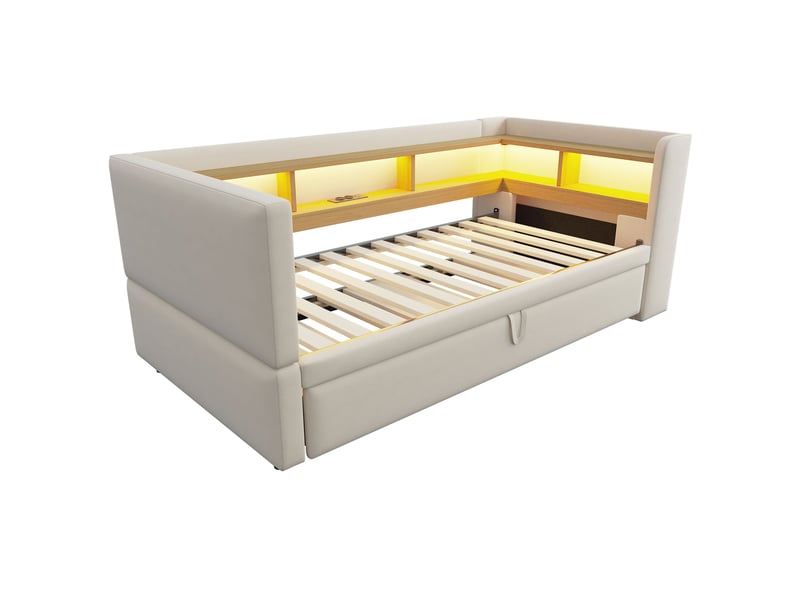  Canapé-lit escamotable 90x180x190cm avec leds, prises et rangements, en tissu beige, sans matelas.  - Conforama A