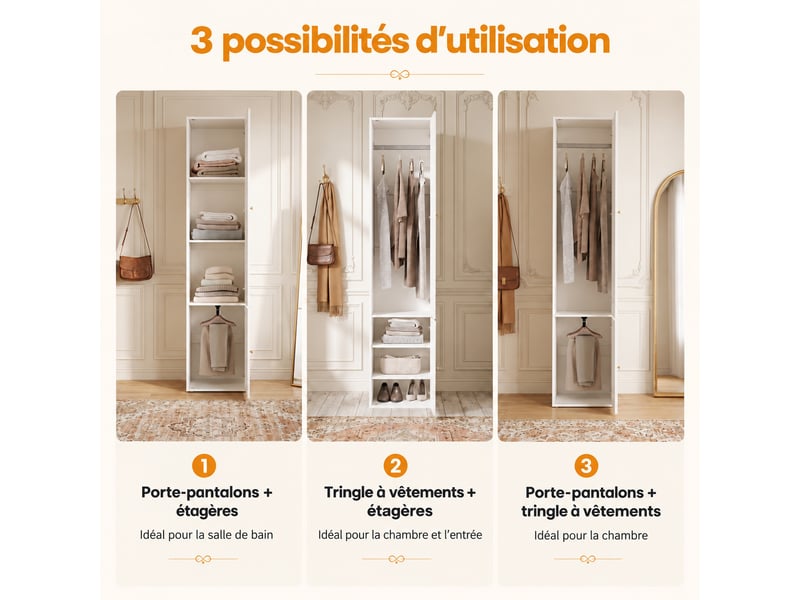  Armoire étroite de chambre 45 x 50 x 200 cm avec 1 porte à persiennes, 3 compartiments et tringle, armoire haute, blanc  - Conforama E