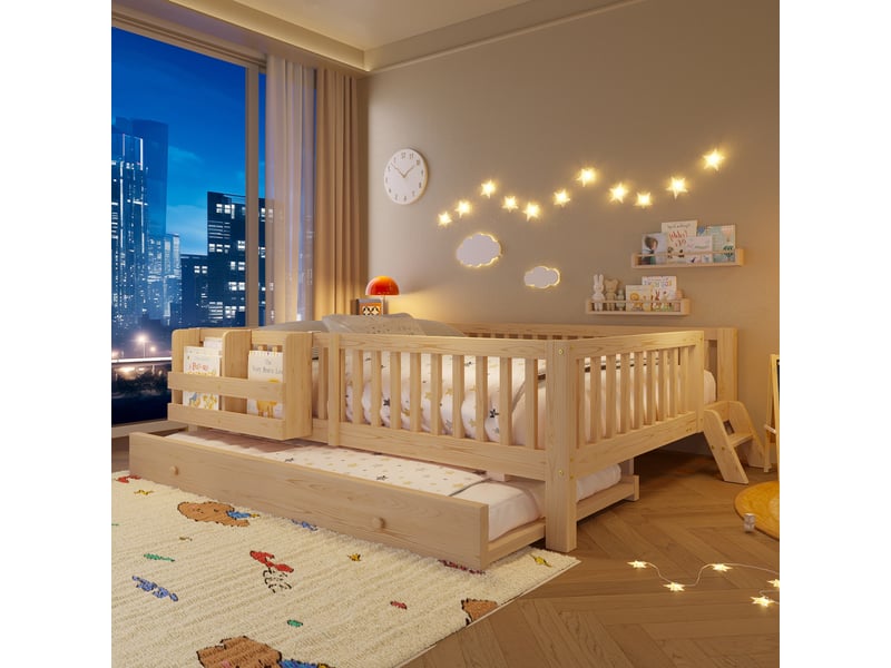  Lit gigogne 140×200 cm, 2 places - barrière de sécurité, couchage d’appoint coulissant et étagère - sans matelas - bois  - Conforama C