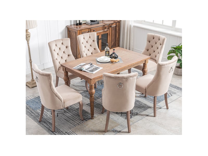  Lot de 6 chaises salle à manger 97x51x47 cm, structure bois, velours beige, dossier haut, assise rembourrée et agréable  - Conforama E