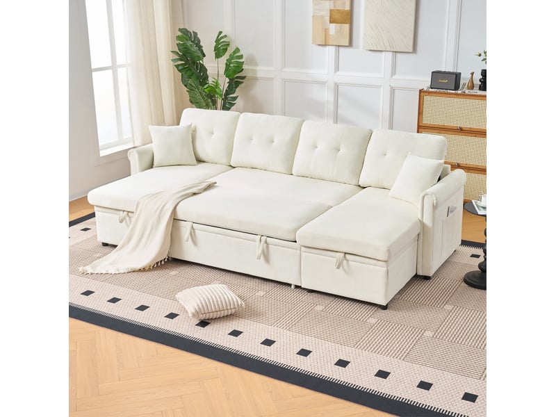  Canapé d’angle convertible 4 places avec rangement 266x130x85 cm beige  - Conforama W