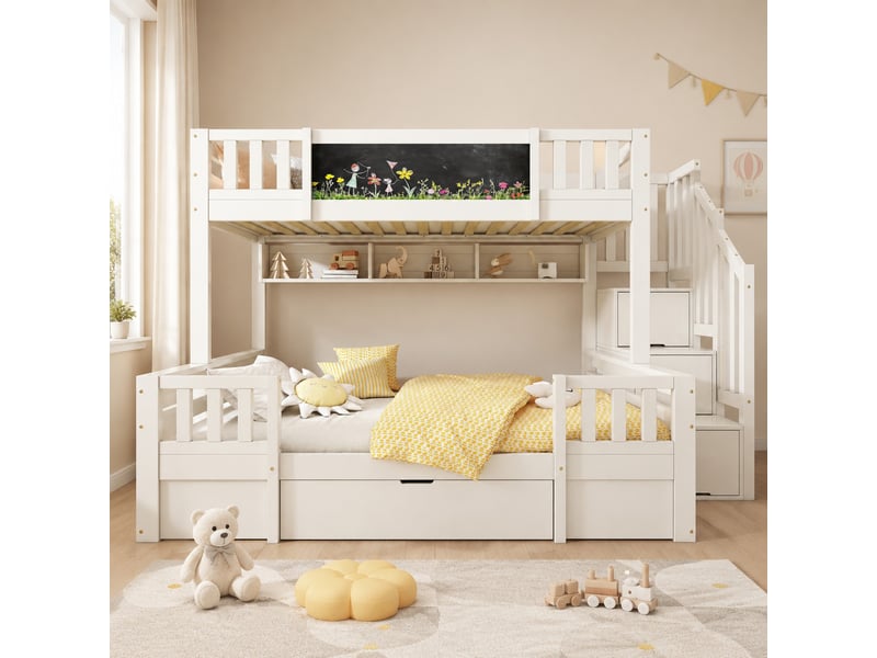 Lit superposé enfant 3 couchages blanc 90 x 200 et 140 x 200 cm avec rangements - Conforama D