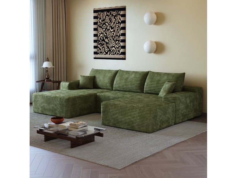  Canapé modulaire d'angle 270x175 cm, méridienne en l, assise profonde, 4 places, tissu côtelé, vert  - Conforama B