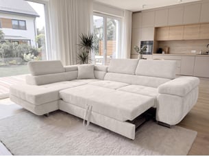 Canapé d'angle gauche convertible <strong>AX LIVING </strong> <strong>Konak</strong> 5 places Velours côtelé blanc avec coffre de rangement